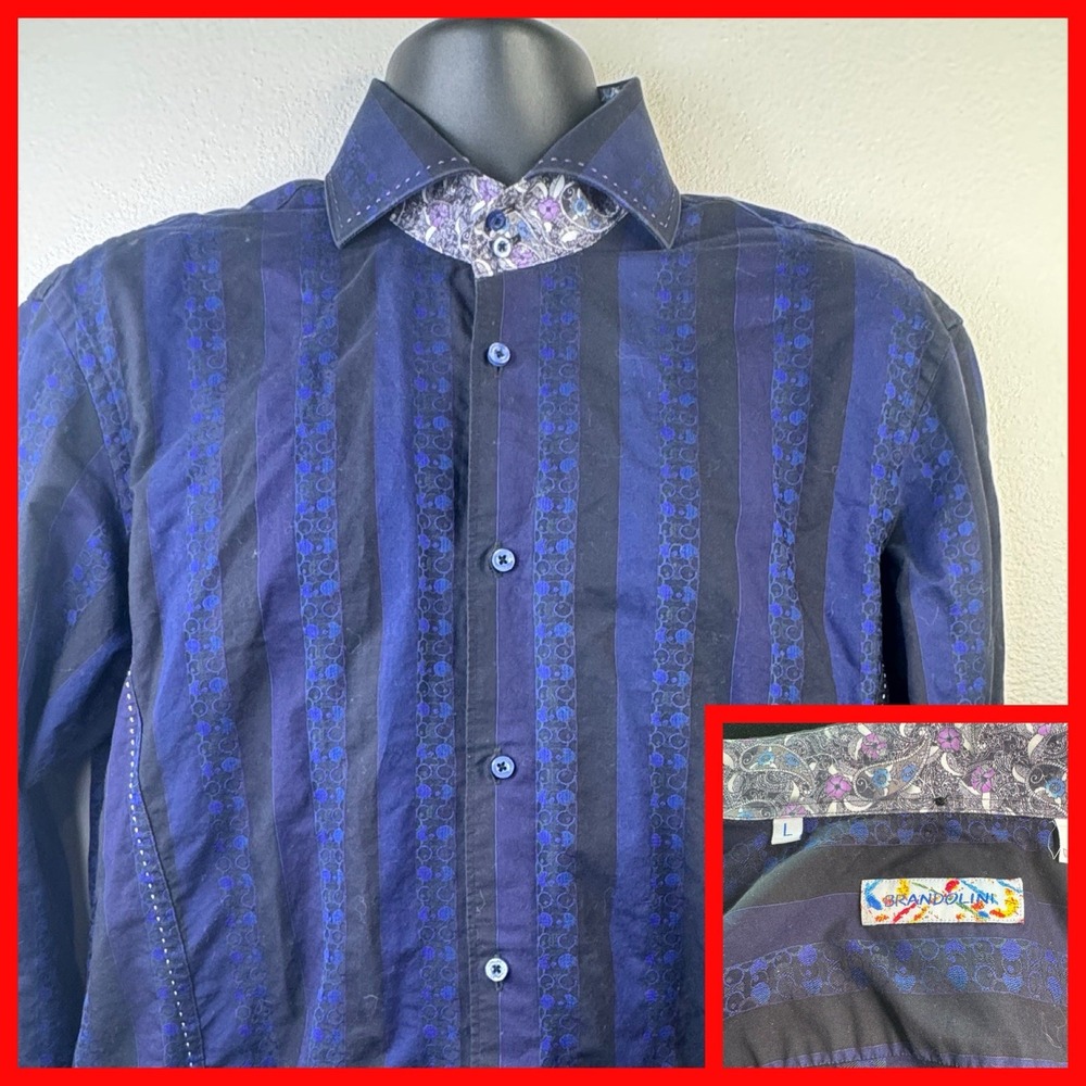 Brandolini Button Down Shirt Mens‎ Large Blue Black Striped Floral Paisley Trim